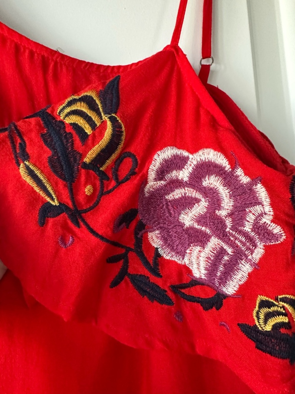 entro One Shoulder Embroidered Ruffle Red Top - Picture 2 of 5